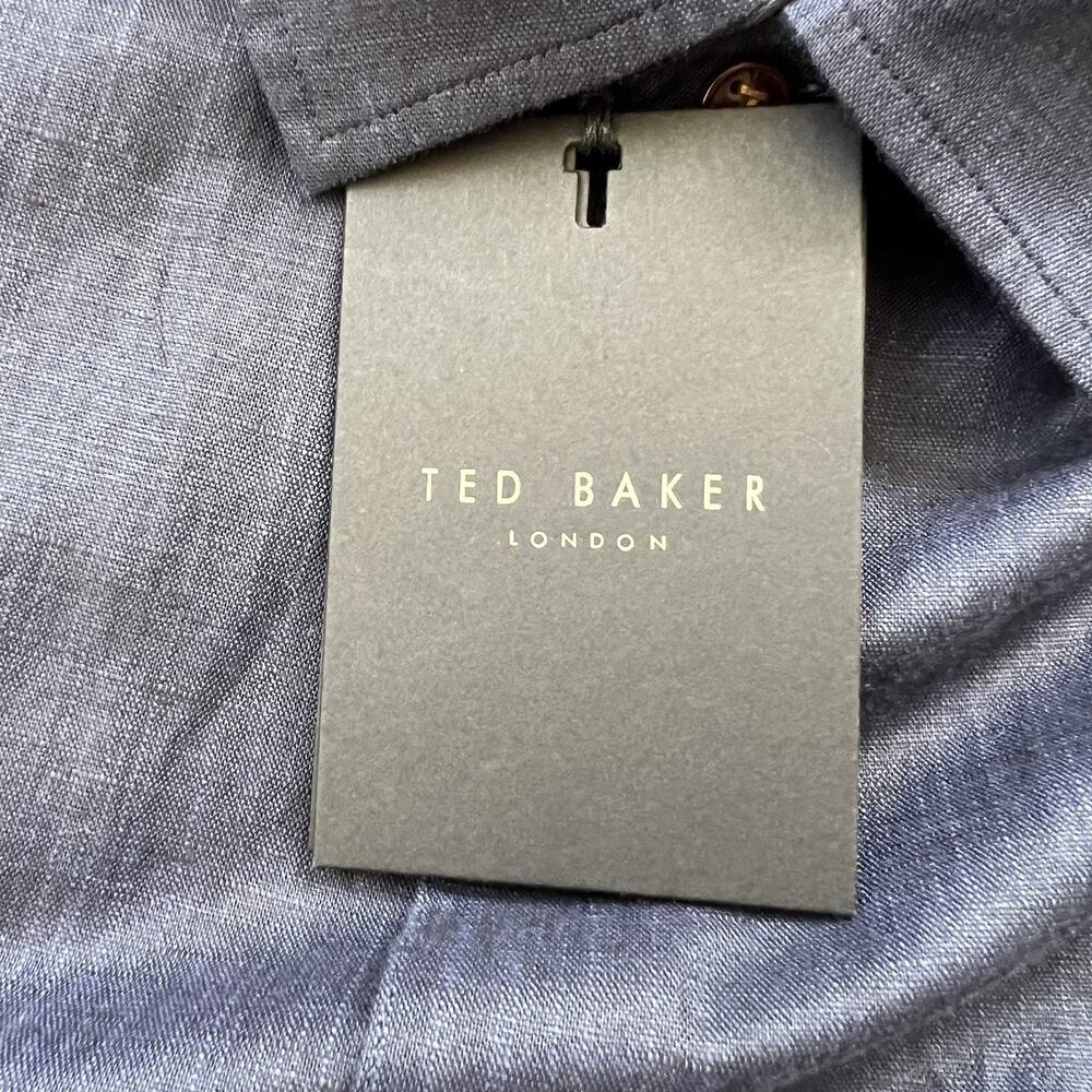 Ted Baker Button Up Linen Shirt Men Size 7 Navy Slim Fit Long Sleeves $160 NEW - Picture 3 of 10